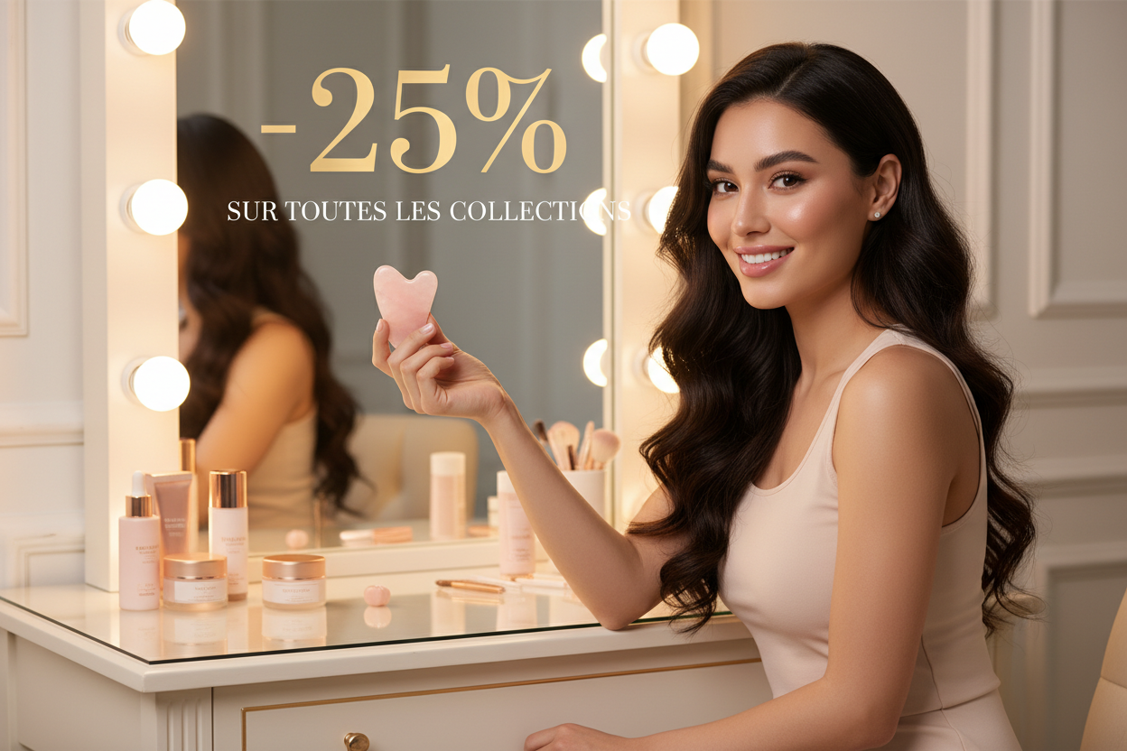 Bannière promo -25% femme Gua Sha coiffeuse Hollywood L'essentielle